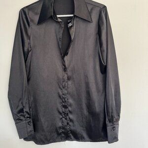 aquí Beirut Black Satin Button-Up Blouse